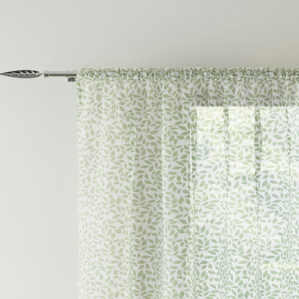 image 1 of Pair of Willow Green Leaf Print Voile Panels 229 cm (90 inch) Rod Pocket Linen Look Panels for Bedroom and Living Room