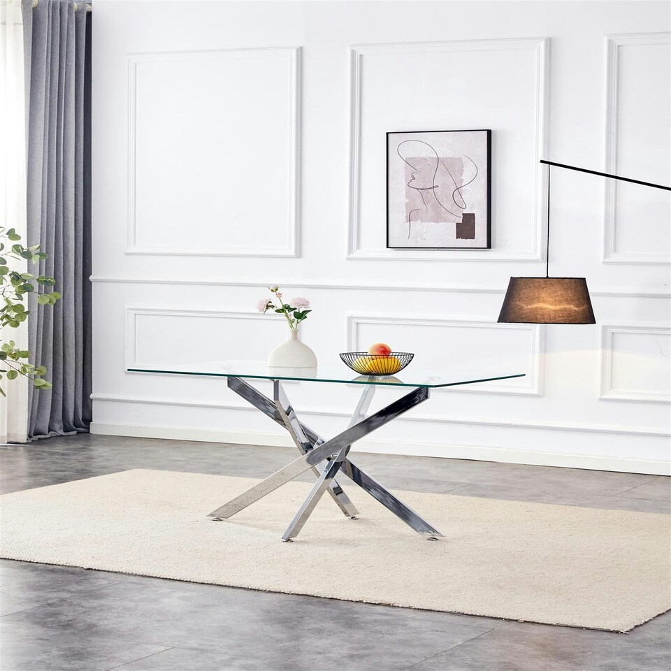 image 1 of Glass Dining Table with Chrome legs, Rectangle, Living / Dining Room, Kitchen, Furniture Grey