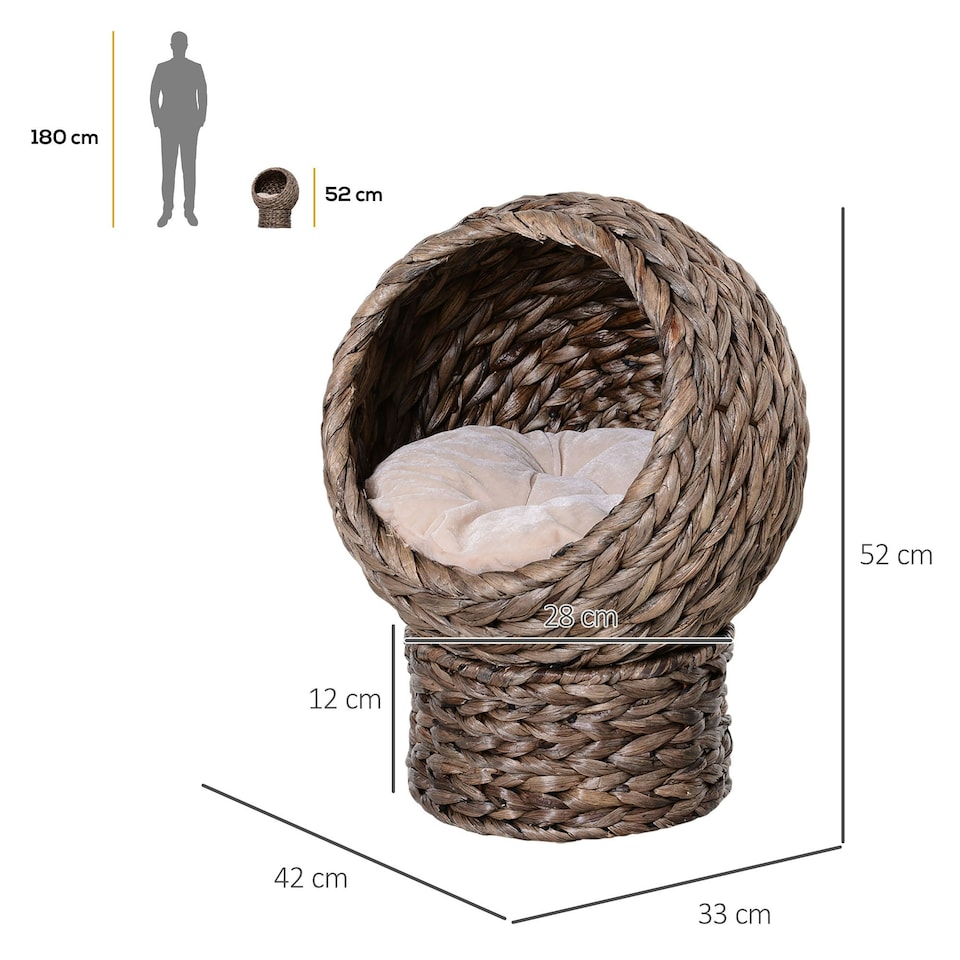image 1 of PawHut Wicker Cat House, Raised Cat Bed with Cushion, 42 x 33 x 52cm, Dark Brown
