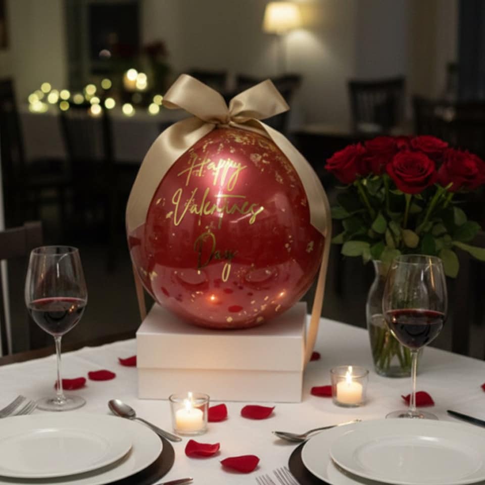 image 1 of Luxury Deep Burgundy Red & Gold Chic Valentine's Day Balloon Display with White Magnetic Gift Box - Inflated Balloon In A Box