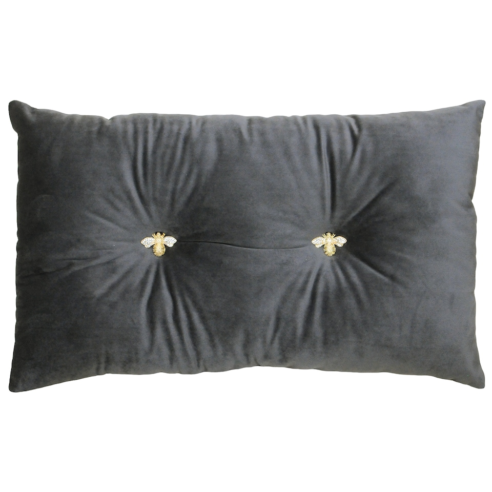 Paoletti Bee Velvet Cushion, Charcoal, 30 x 50cm
