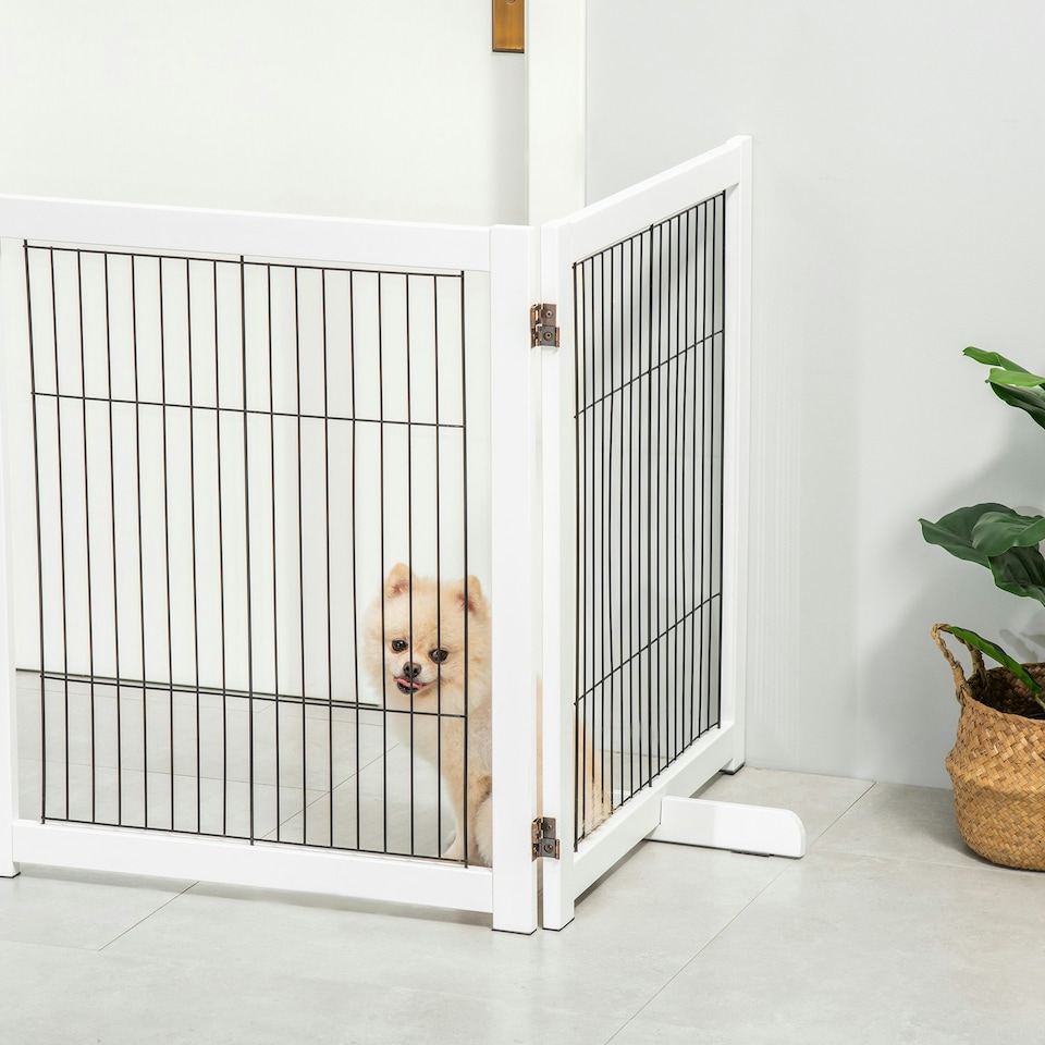 image 1 of PawHut Freestanding Pet Gate Safety Barrier 4 Pannel with Support Feet White