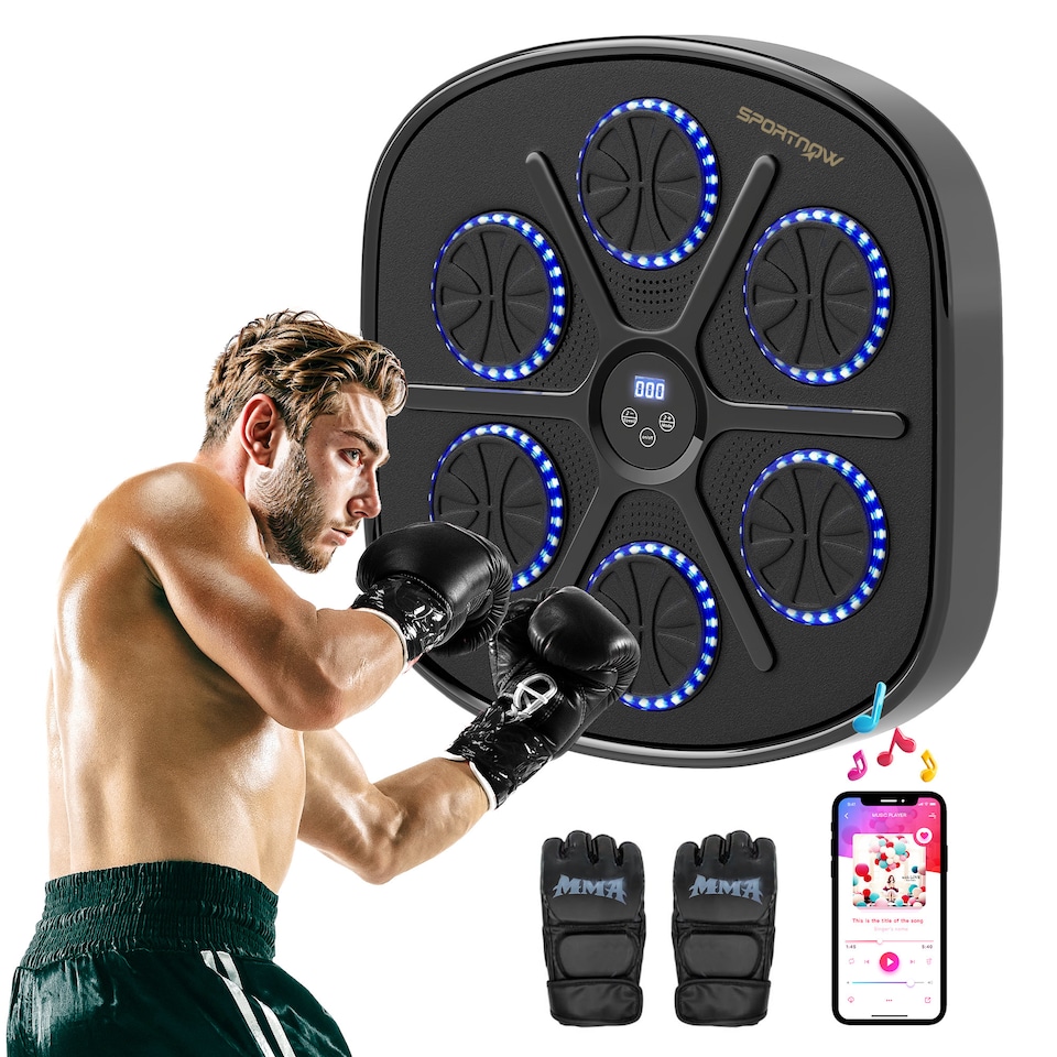 image 1 of SPORTNOW Music Boxing Machine, Smart Bluetooth Boxing Machine Wall Mounted with 9 Speeds & Modes, LED Lights and Gloves, Punching Pad for Adults, Black