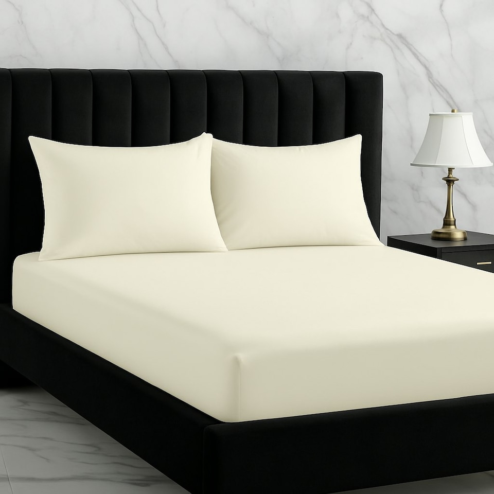 image 1 of Microfibre Soft Touch Fitted Sheet 40cm Extra Deep Skirt Plain Dyed Bed Linen Cream | Cream | Double