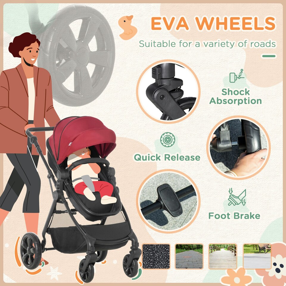 image 1 of HOMCOM 2 in 1 Pushchair Stroller w/ Reversible Seat Single Hand Foldable Red