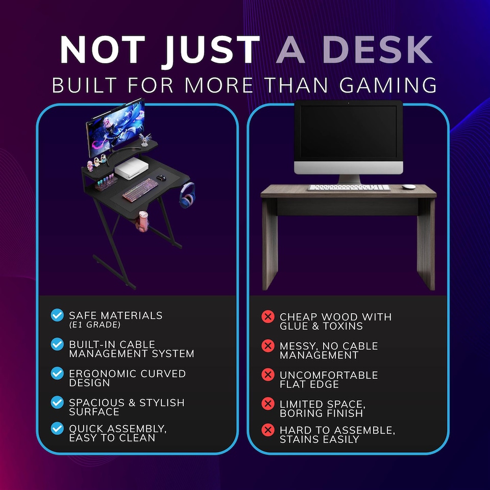 image 1 of House of Home Gaming Desk with Monitor Stand Carbon Fibre Black 80cm | Black