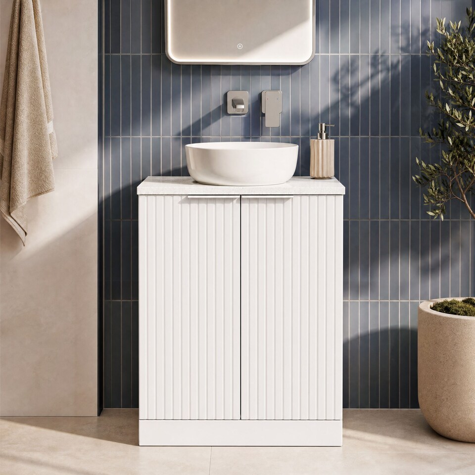 image 1 of Balterley Callingwood Contemporary Floor Standing 2 Door Vanity Unit with White Nebula Laminate Worktop , 600mm, Matt White