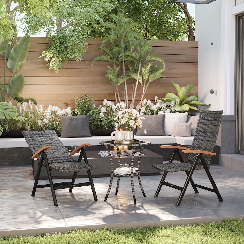 image 1 of Outsunny Folding Garden Chairs Set of 2, 5-level Reclining PE Rattan Garden Dining Chairs with Wood Armrests, High Back and Steel Frame for Outdoor, Patio, Terrace, Porch, Mixed-grey | Grey | Grey