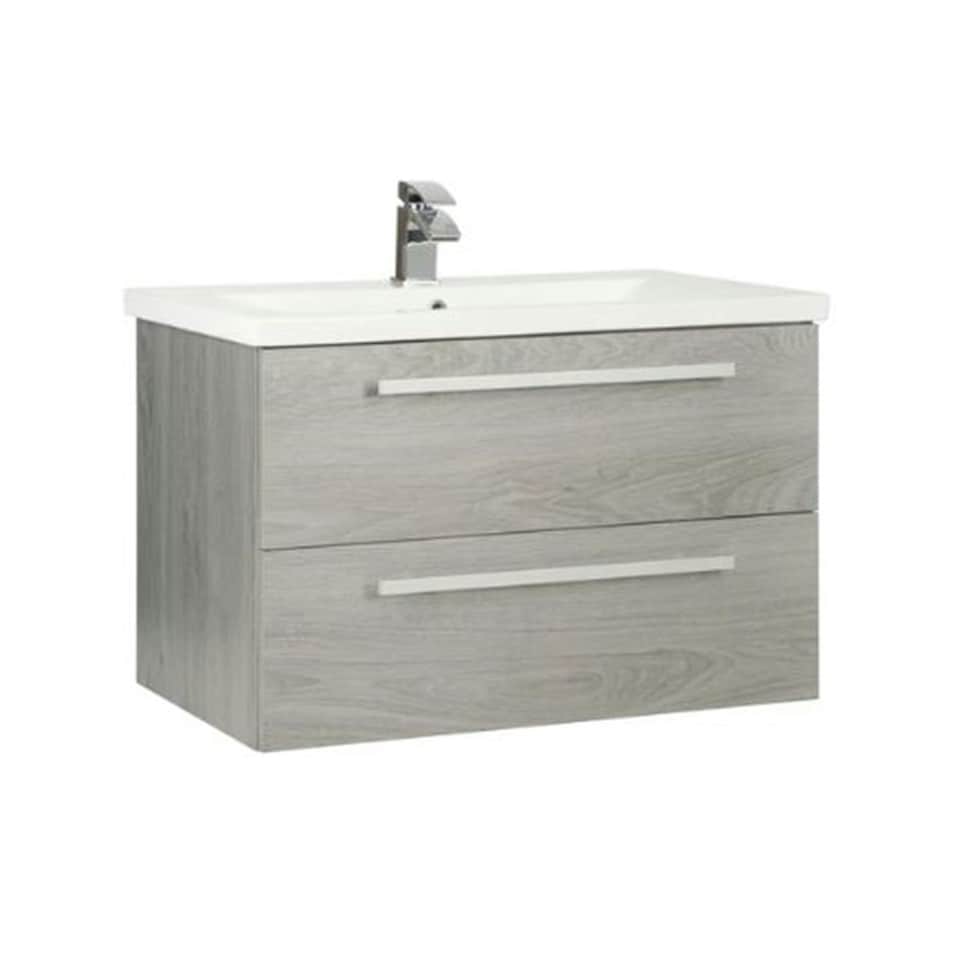 image 1 of Bathroom 2-Drawer Wall Hung Vanity Unit with Ceramic Basin 800mm Wide - Silver Oak  - Brassware Not Included | Brown | Brown | 1