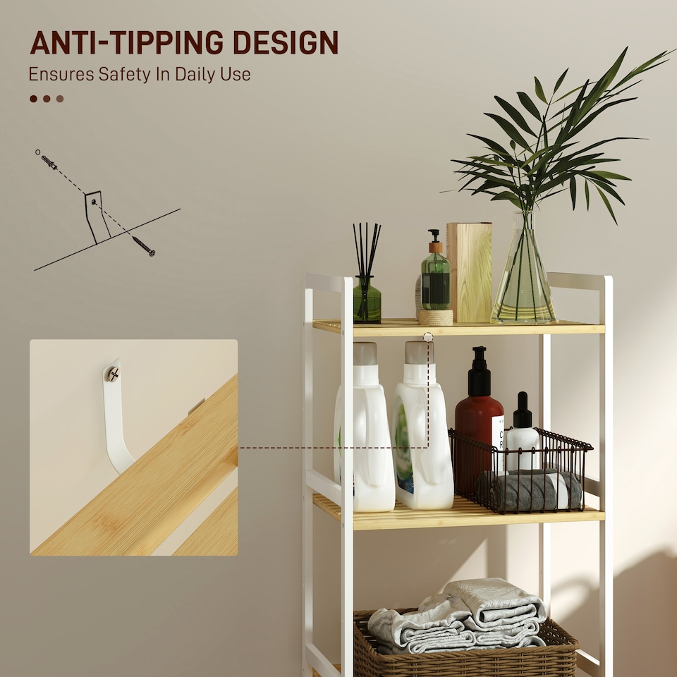 image 1 of HOMCOM 3-Tier Bamboo Bathroom Storage Shelf, Freestanding Shelving Unit with Adjustable Rack for Kitchen Bathroom Living Room, Natural and White