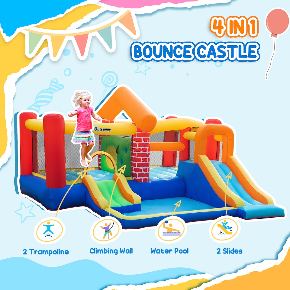 image 1 of Outsunny Kids Bouncy Castle with Double Slides Pool Trampoline with Blower