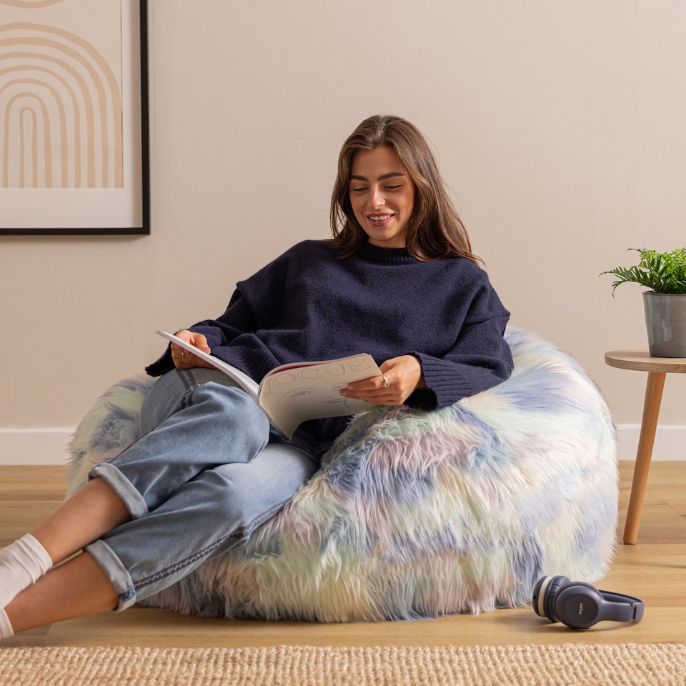 image 1 of Unicorn Classic Faux Fur Bean Bag Chair | Multi | Purple Blue Pink | 1