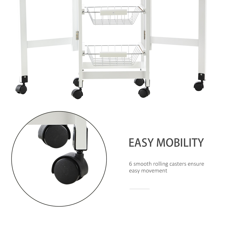 image 1 of HOMCOM Drop-Leaf Kitchen Cart Trolley w 3 Baskets Drawer Surface Top 6 Universal Wheels Rolling Storage Unit Kitchen Home Dining Island White Oak Tone