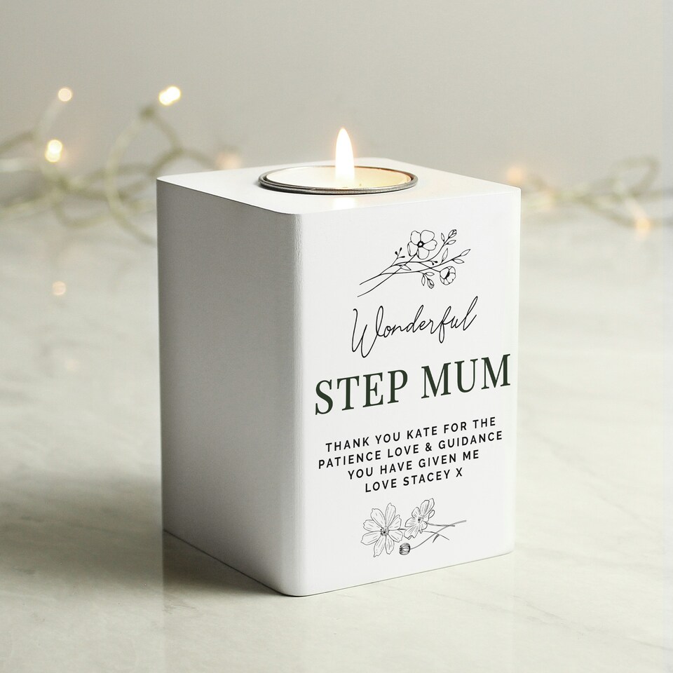 image 1 of Personalised Floral White Wooden Tea light Holder White