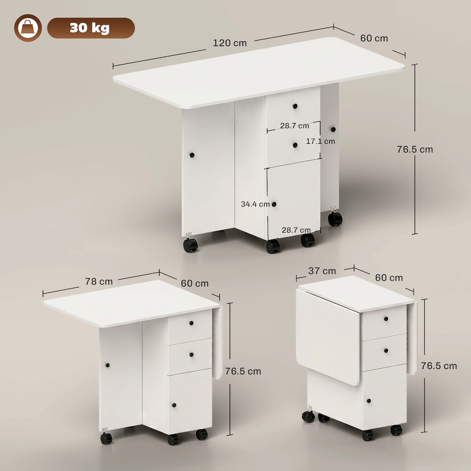 image 1 of HOMCOM Folding Dining Table for 4-6 Drop Leaf Table on Wheels White