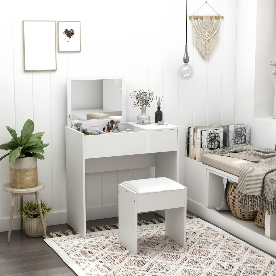 image 1 of HOMCOM Dressing Table Set with Flip-up Mirror Padded Stool Sliding Drawer White