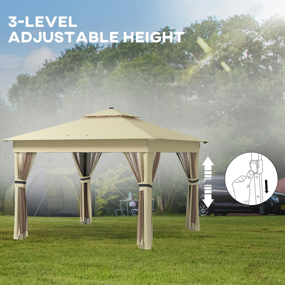 image 1 of Outsunny 3.36x3.36m Pop Up Gazebo w/ Solar-Powered LED Lights Netting Khaki