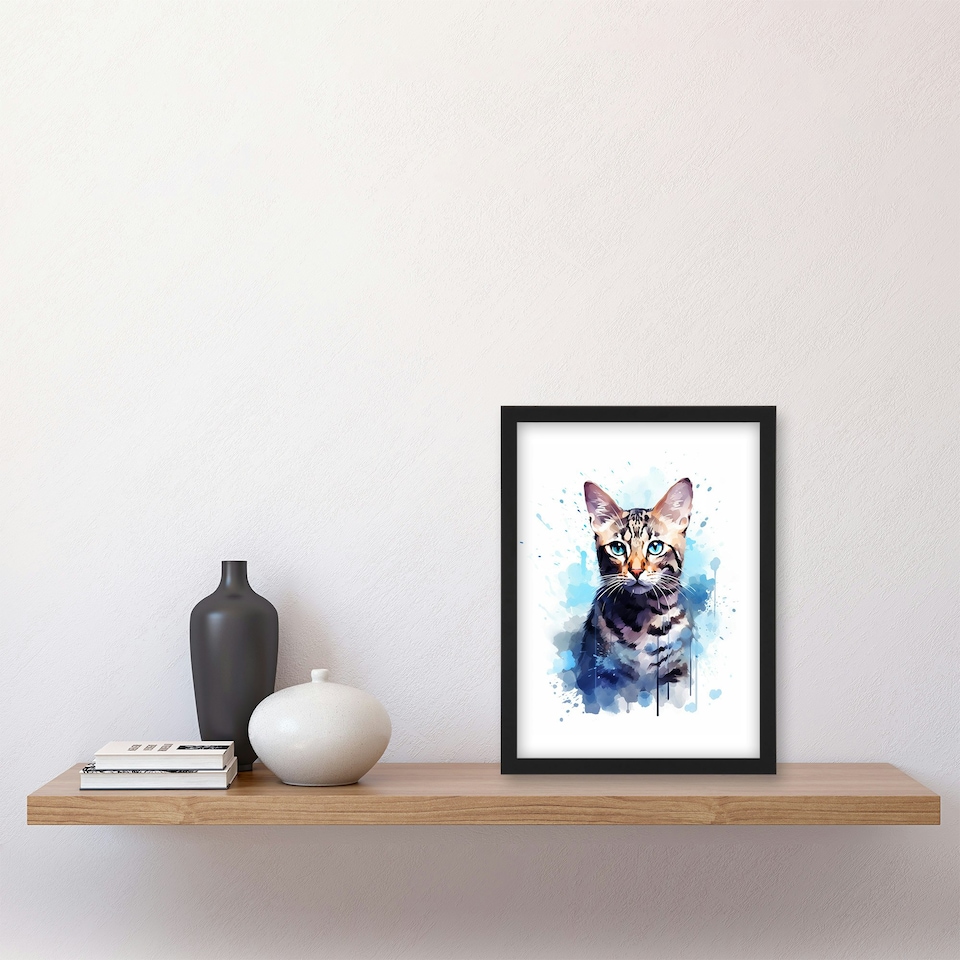 image 1 of Cat Bengal Watercolour Pet Portrait Home Decor Black Framed Wall Art Print A4