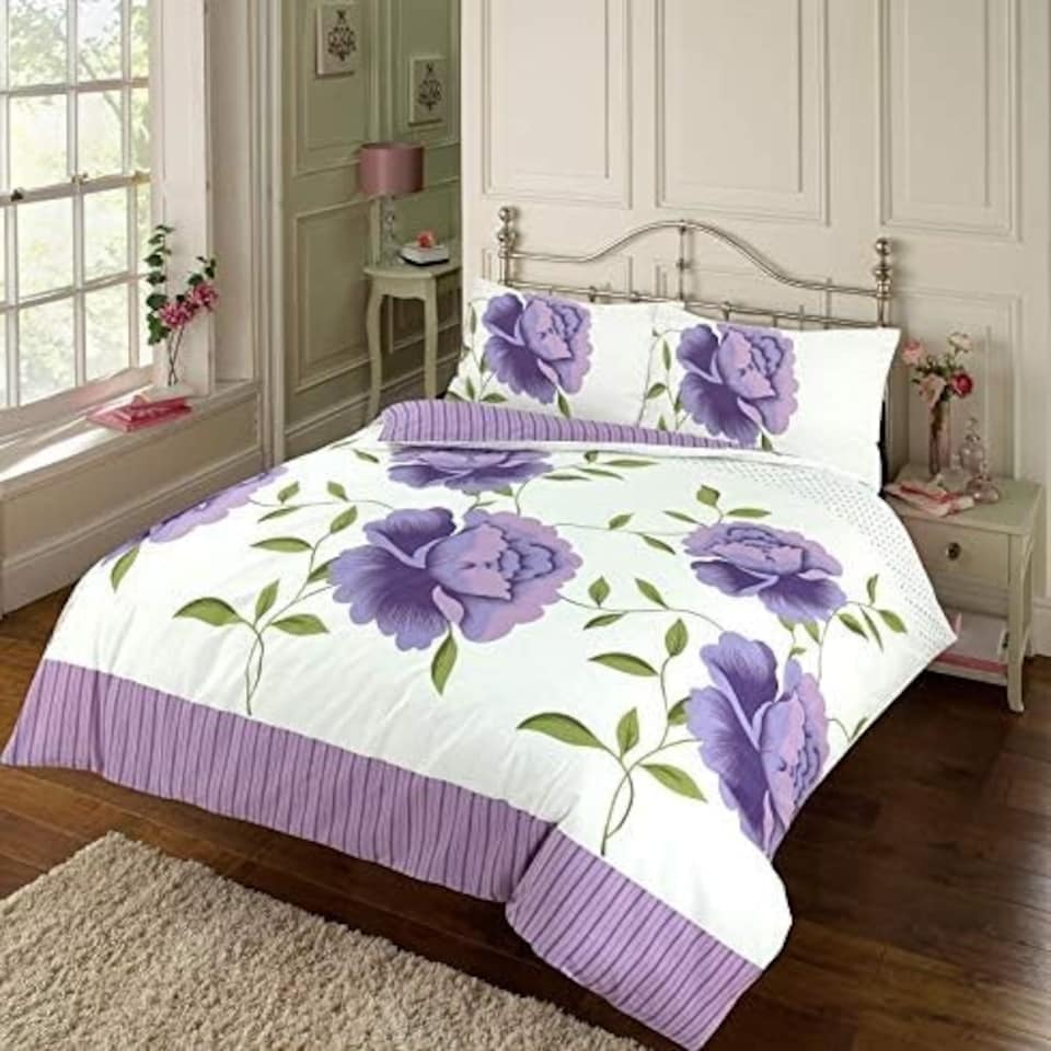 image 1 of Luxury Floral Rosaleen Printed Flowers Easy Care Duvet Cover Set Clear | Lilac | Single