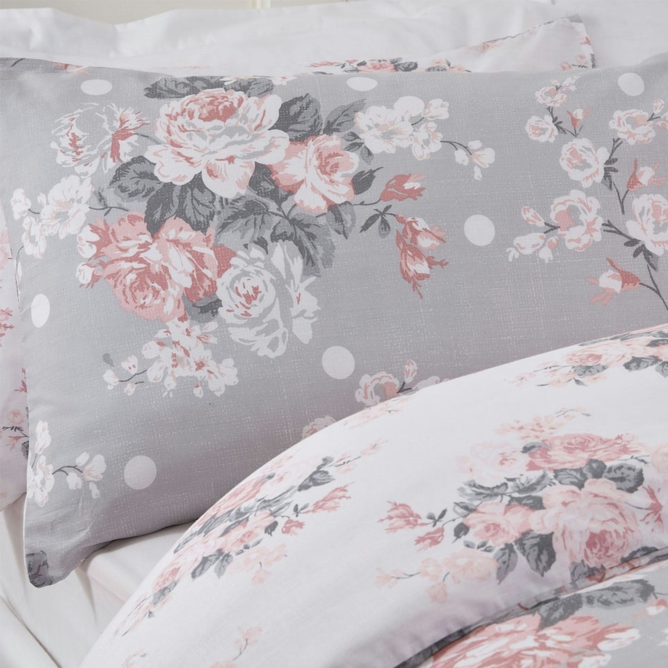 image 1 of OHS English Rose Duvet Cover and Pillowcase Set, Double - Grey