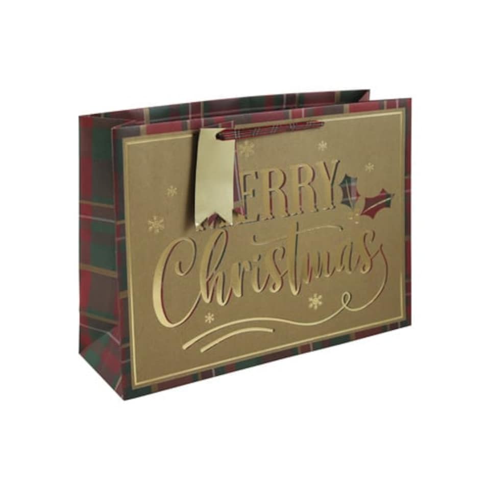 Merry Christmas Tartan Kraft Large Shopper Gift Bag 37cm