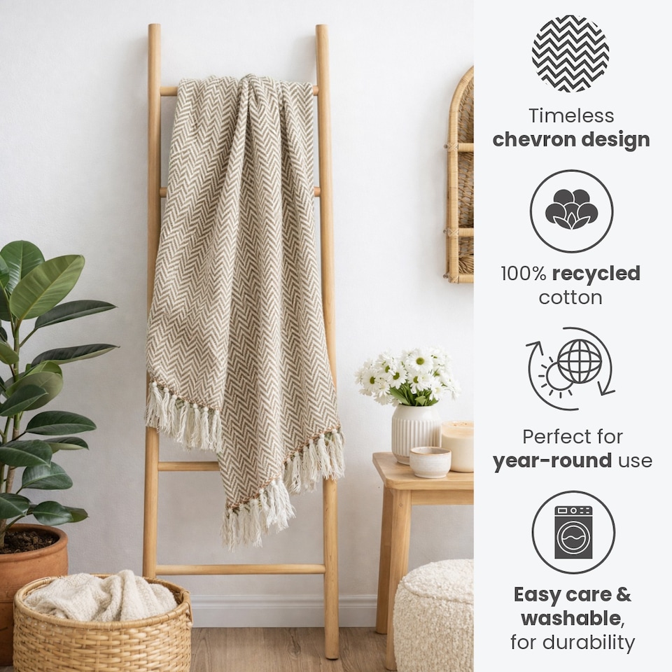 image 1 of Large Cotton Chevron Herringbone Sofa Throw Blanket - 150 x 200cm | Brown | Beige | One Size | 1