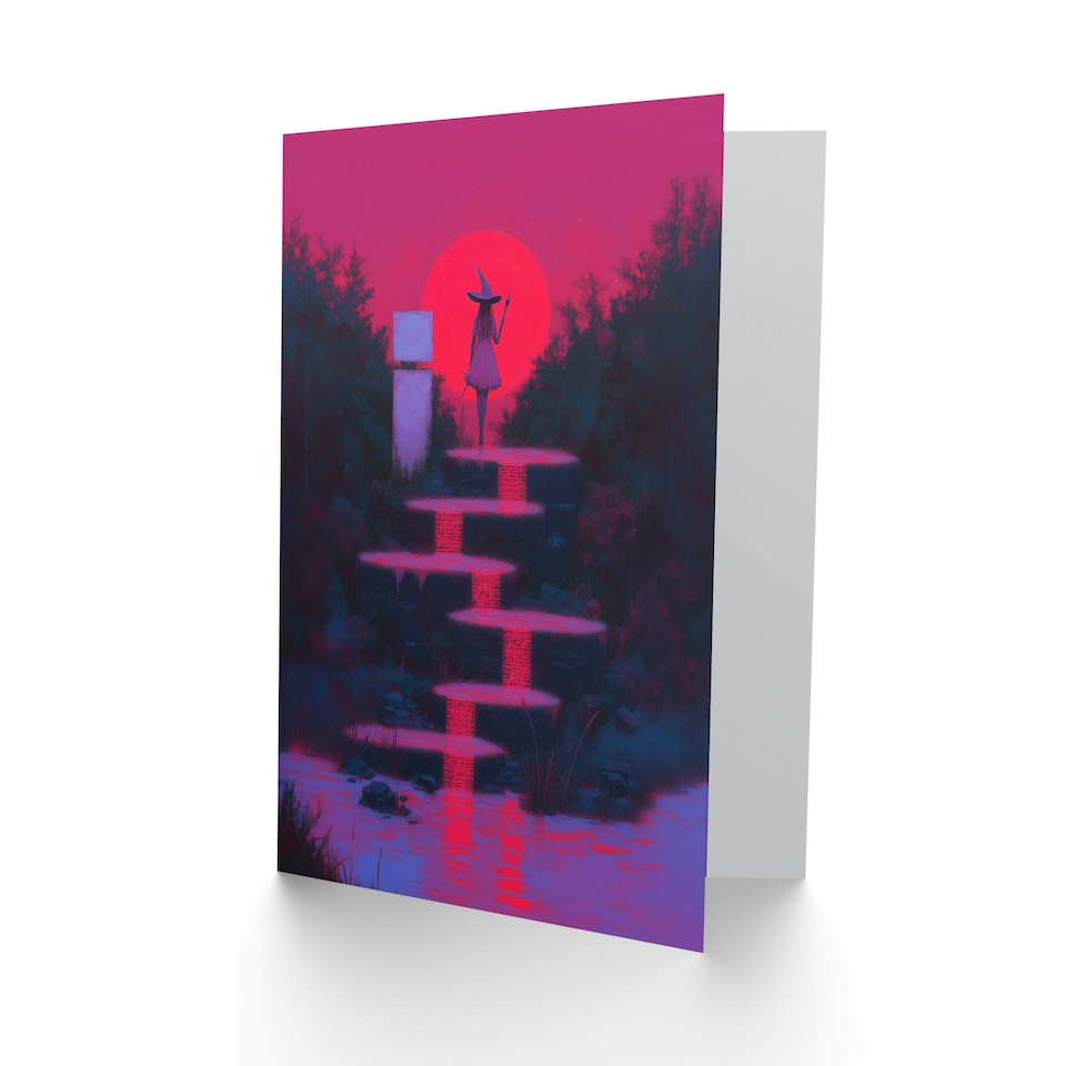 image 1 of Full Moon Witch Ritual Neon Pink Fantasy Art Halloween Greeting Card