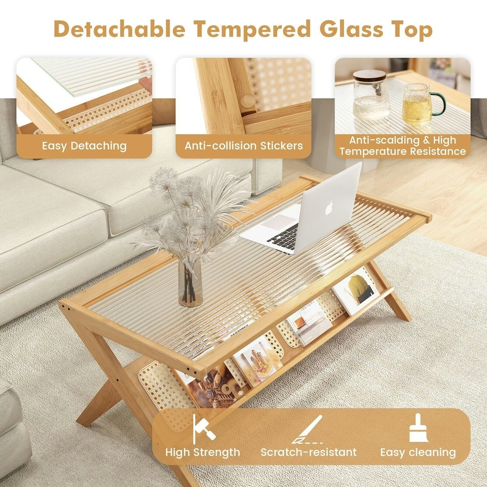image 1 of COSTWAY 2-Tier Rectangular Coffee Table with Glass Tabletop Brown