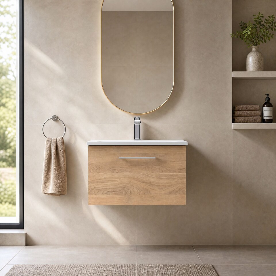 image 1 of Balterley Modern Bathroom Wall Hung 1-Drawer Vanity & Basin | Brown | Bleached Oak | 389 x 610 x 440mm