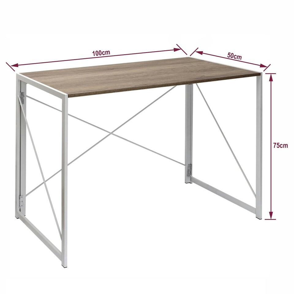 image 1 of Folding Desk Computer White Frame Rustic Wood Foldable Study Table Laptop Office Space White