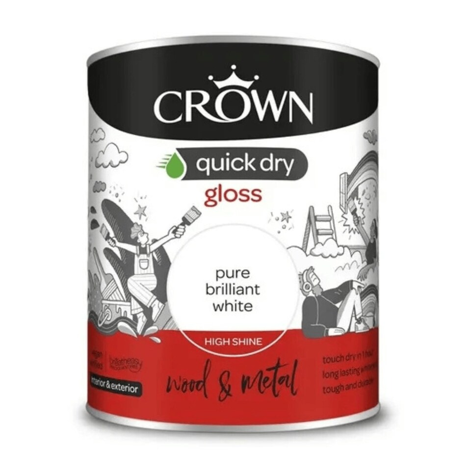 image 1 of Crown Quick Dry Gloss White Paint 750ml