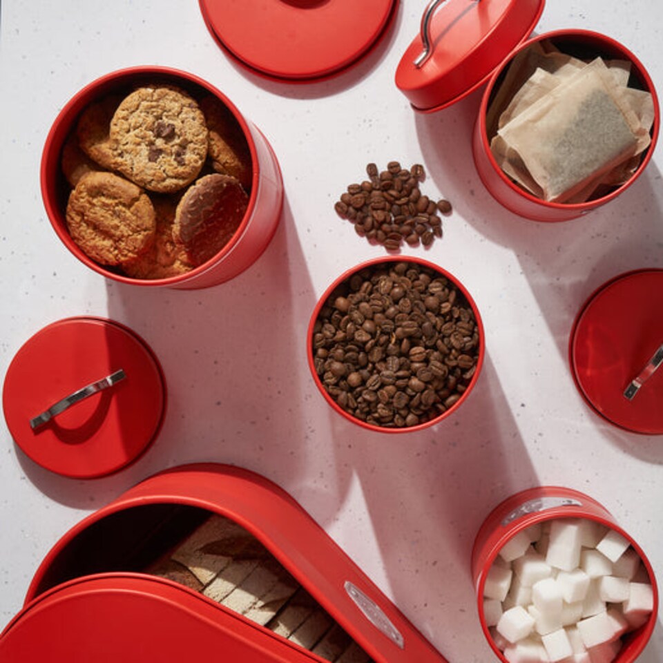 image 1 of Cooks Professional 5 Piece Kitchen Storage Set - Tea, Coffee, Sugar, Bread & Biscuit Tins | Red | Red & Silver
