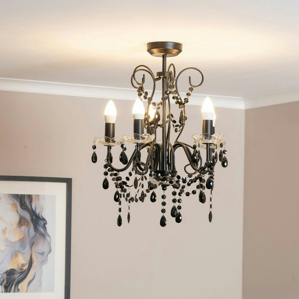image 1 of ValueLights Viscount 5 Way Black Jewel Chandelier Ceiling Pendant Light with LED Bulbs