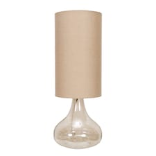 ValueLights Sylvie Natural Linen Tall Lamp Shade Amber Glass Teardrop Squat Table Lamp | Clear