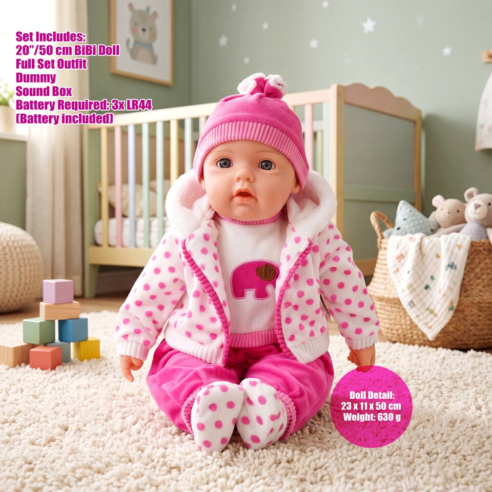 image 1 of BiBi Doll 20" Dots Baby Doll Girl with Spotty Coat Outfit, Sounds & Dummy Toy