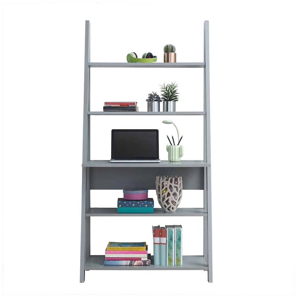 image 1 of Riva Scandinavian Retro Ladder Bookcase Desk Shelving Shelf Unit Grey 5 Tier