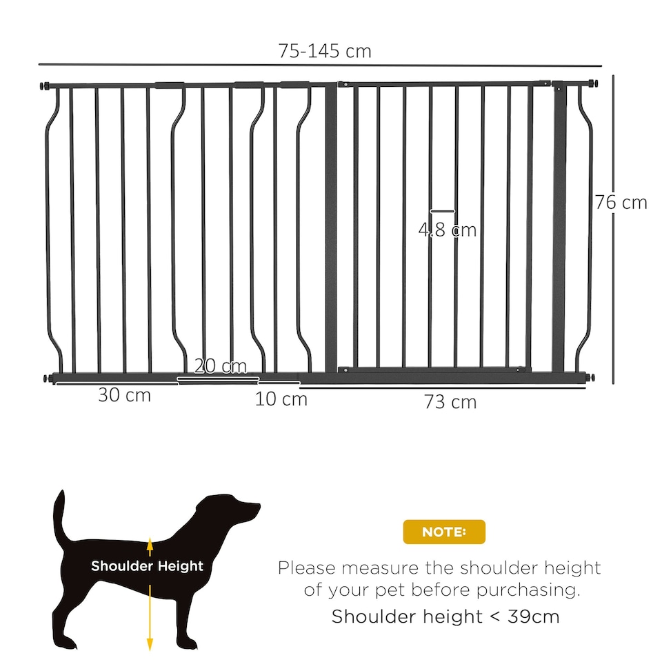 image 1 of PawHut Dog Gate Wide Stair Gate w/ Door Pressure Fit, 75-145W cm, Black