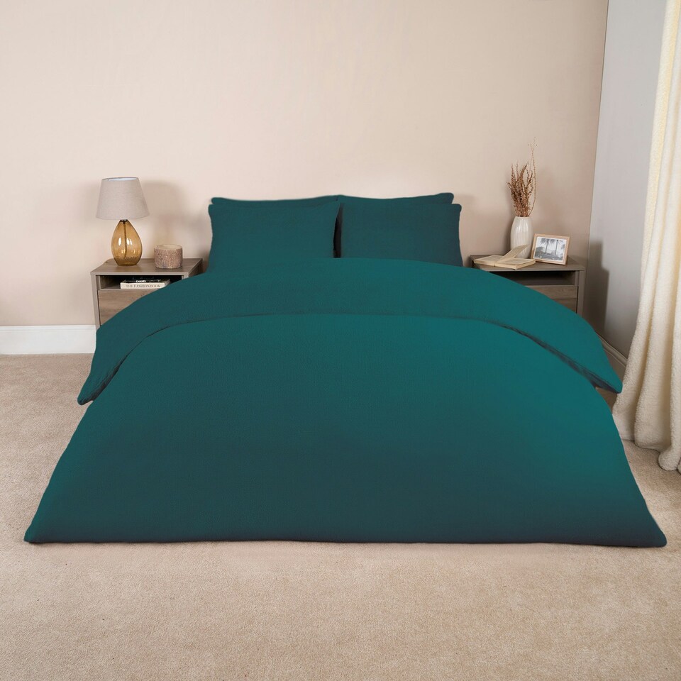 image 1 of OHS Teddy Fleece Soft Cosy Warm Thermal Plush Plump Duvet Cover and Pillowcase Bedding Set Blue | Teal | Super King