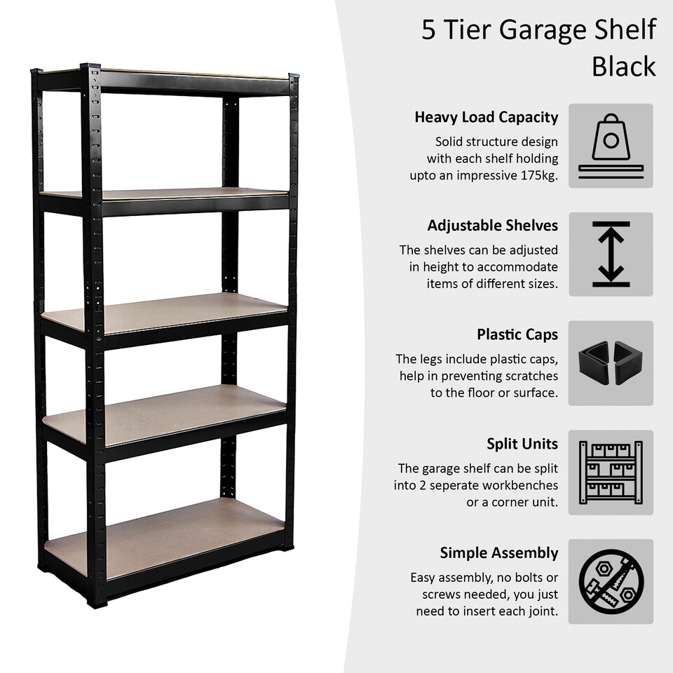 image 1 of Home Vida 5 Tier Large Heavy Duty Garage Shelves Adjustable Steel Shelving Storage Units - Black - Holds Upto 875kg Per Bay - 3 Bays