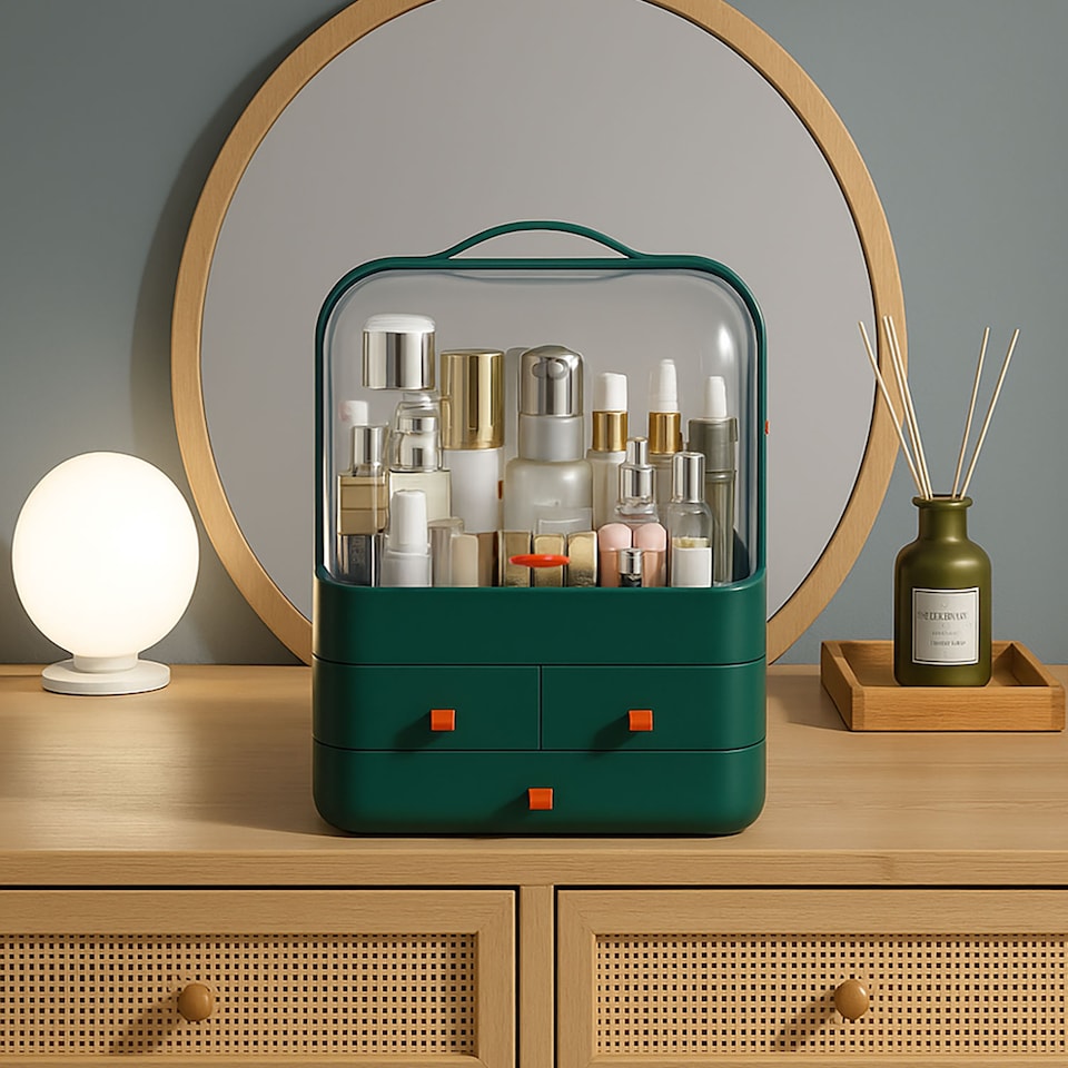 image 1 of Neo Acrylic Makeup Organiser with Lid & Drawers Portable Dustproof Cosmetic Storage Box | Green | Green | 26.5 x 18.2 x 34.7cm | 1