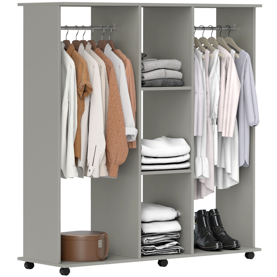 image 1 of HOMCOM Double Open Wardrobe on Wheels, Bedroom Wardrobe with Clothes Hanging Rails, 3 Storage Shelves, Mobile Garment Rack for Cloakroom, Hallway, Grey
