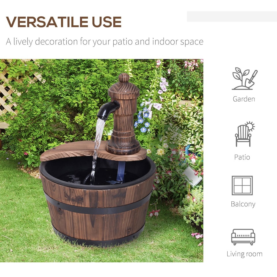 image 1 of Outsunny Garden Barrel Water Fountain Patio Wood Electric Water Feature w/ Pump