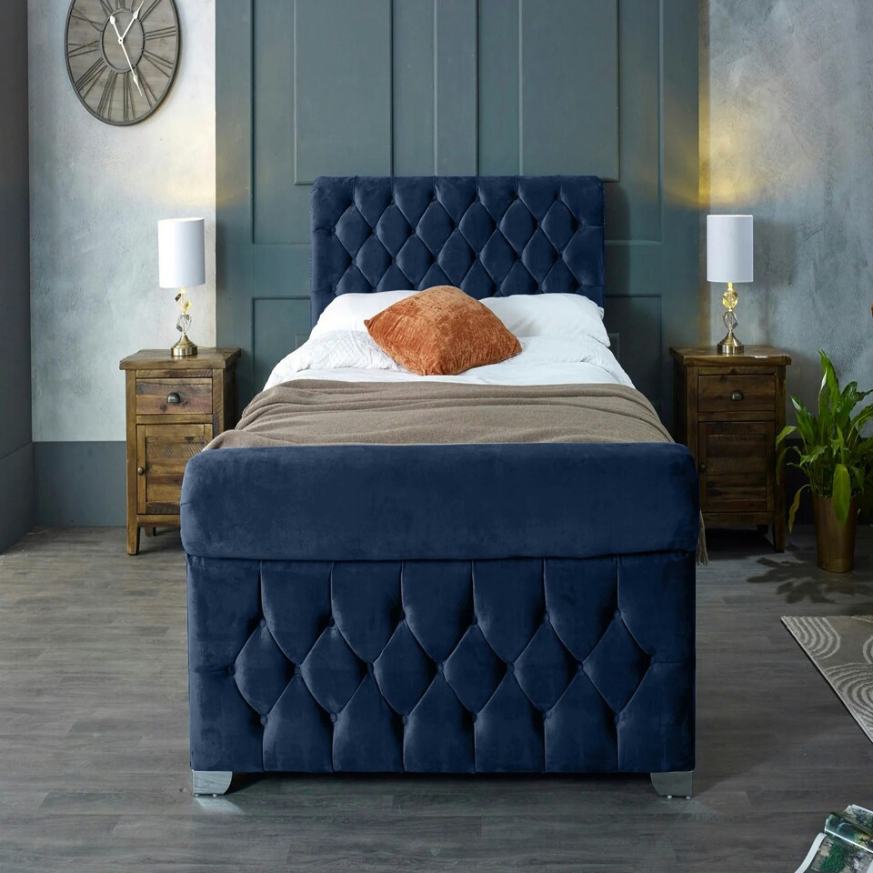 image 1 of Veneta Plush Blue Double Bed Frame - Blue