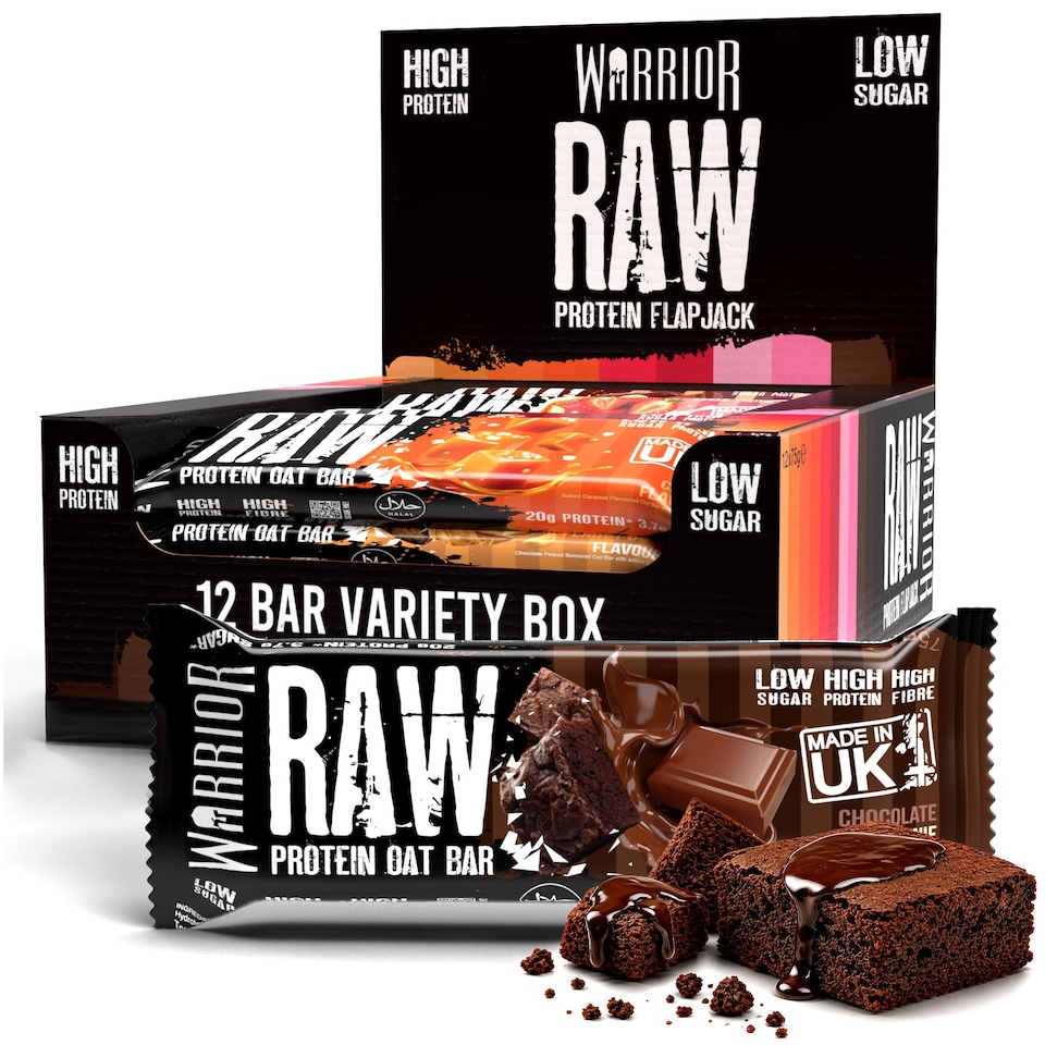image 1 of Warrior RAW Protein Bars 12 x 75g – 20g High Protein Bar, Low Sugar High Fibre Oat Protein Flapjack – Protein Snacks, Meal Replacement Bars (Variety)