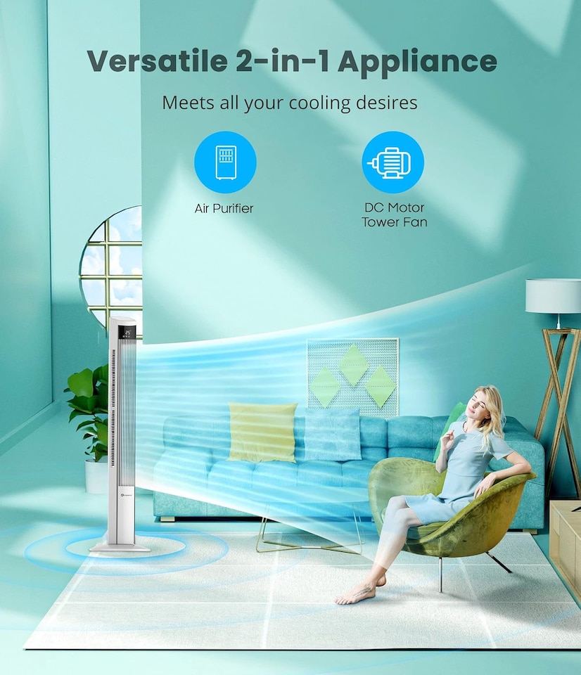 image 1 of PureMate 47-Inch Oscillating Bladeless Tower Fan & Air Purifier (White)