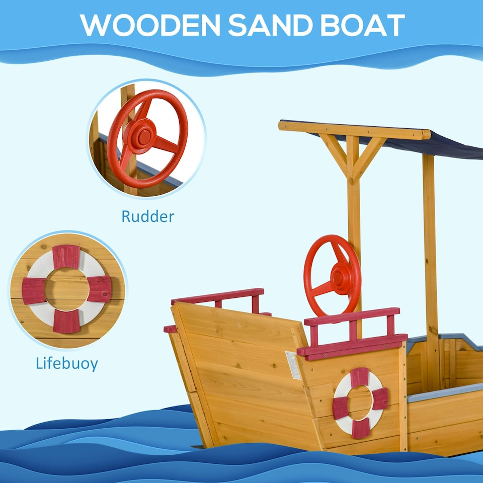 image 1 of Outsunny Kids Wooden Sand Pit Sandbox Pirate Sandboat Outdoor w/ Canopy Shade