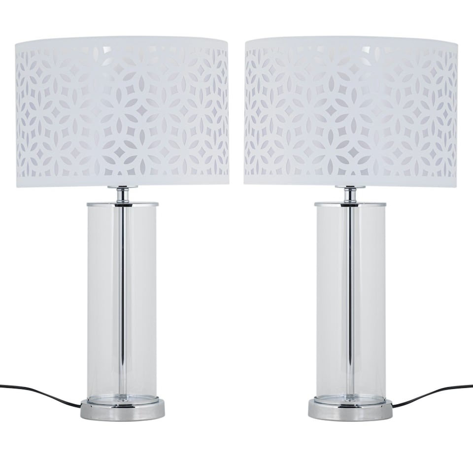 image 1 of Set of 2 Aura - Chrome Table Lamps with White Cut Out Shades Chrome | White