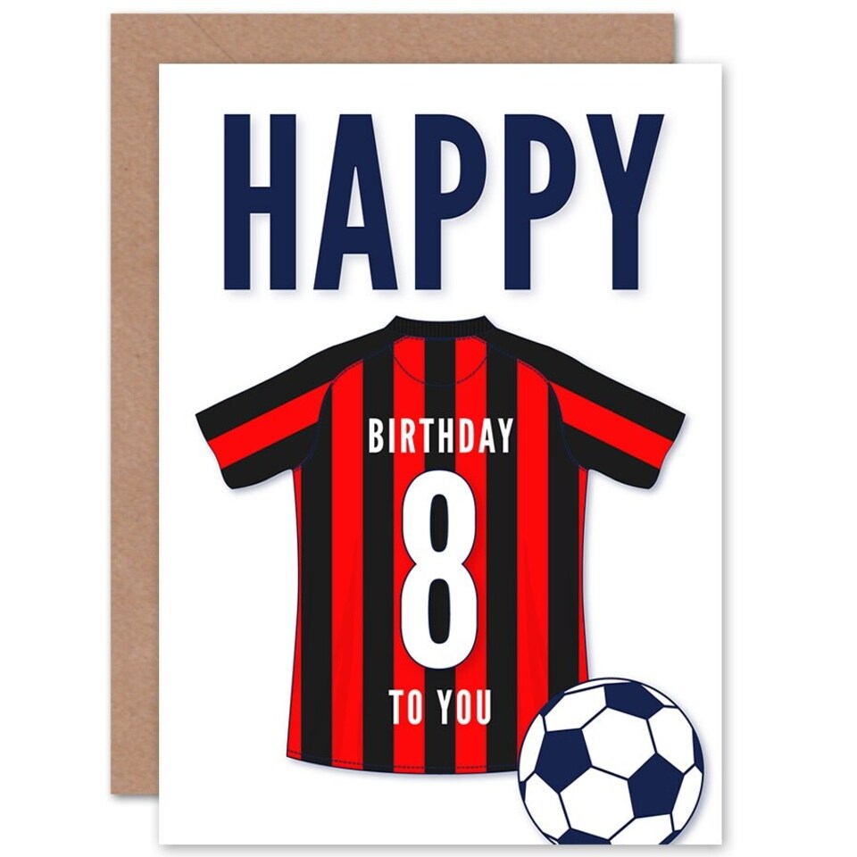 image 1 of Football Strip Kit Red Striped Top Age 8 Year Old Child Kids 8th Birthday Card
