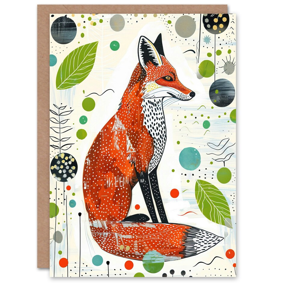 image 1 of Folk Simple Bright Abstract Design Fox Him Her Birthday Card