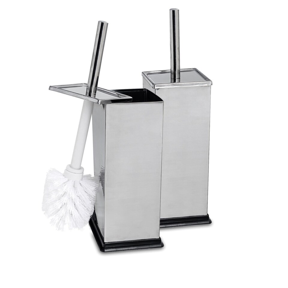 image 1 of Harbour Housewares 2x Toilet Brushes & Holder - Chrome - Square Stainless Steel Non Slip Rust Resistant Toilet Cleaning Brush | Silver | Silver | One Size | 2